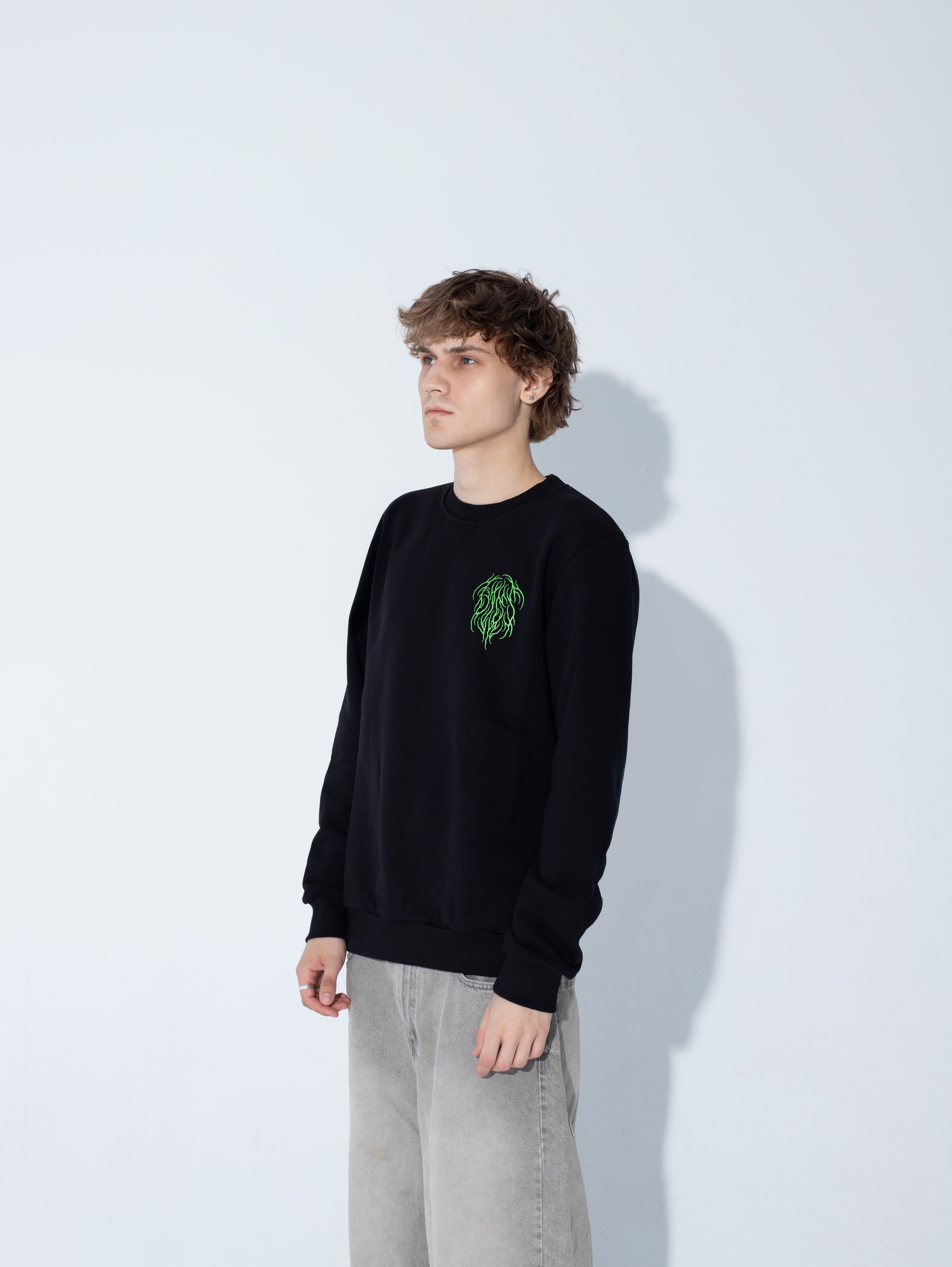 Bluza THE WATCHER CREW NECK - Goth & Rock, Nu Metal od Bies Clothing. Bawełna pętelkowa premium 440gsm, mroczny design. Idealny gotycki styl dla fanów alternatywnej mody, unisex goth clothing, gothic basics, rock fashion, nu metal. Polska marka streetwear