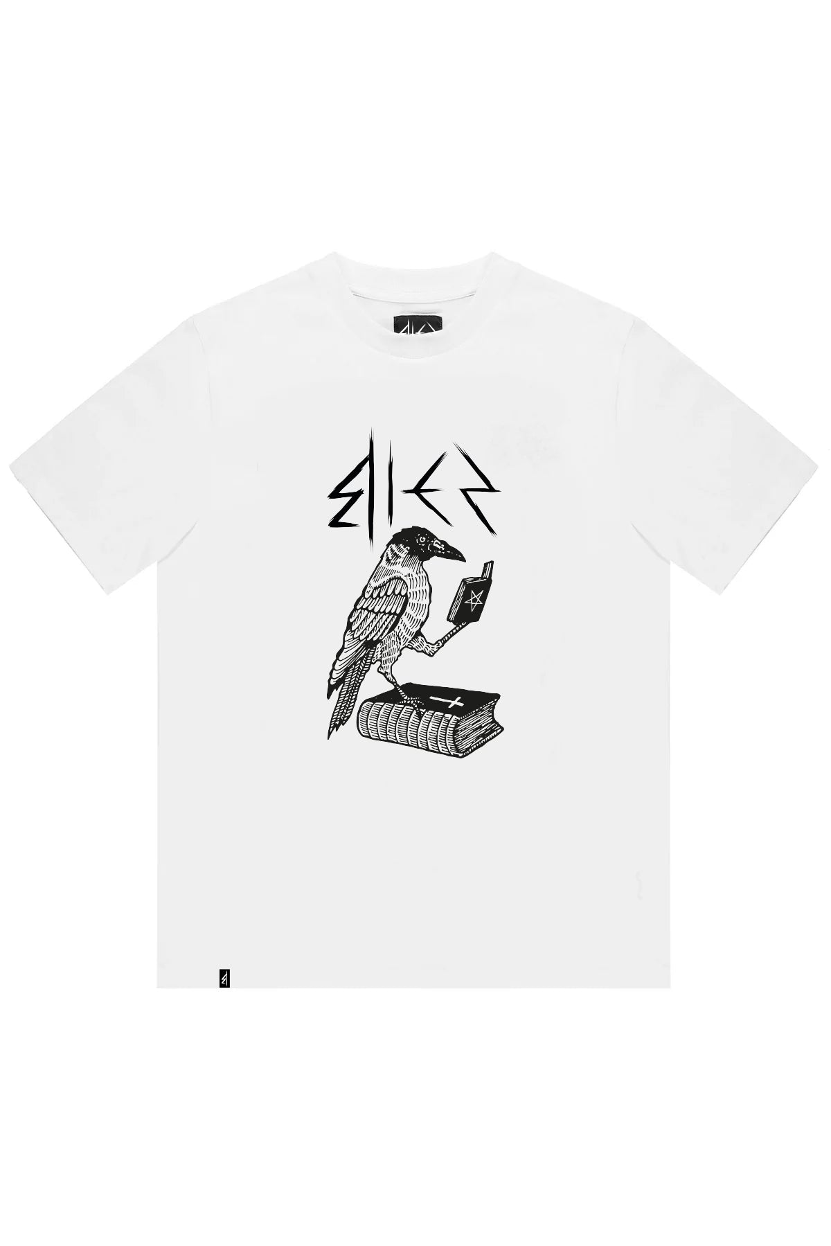 Biała Koszulka RAVEN T-SHIRT - Goth & Rock, Nu Metal od Bies Clothing. Wysokiej jakości bawełna, mroczny design. Idealny gotycki styl dla fanów alternatywnej mody,unisex goth clothing, gothic basics, rock fashion, nu metal. Polska marka streetwear